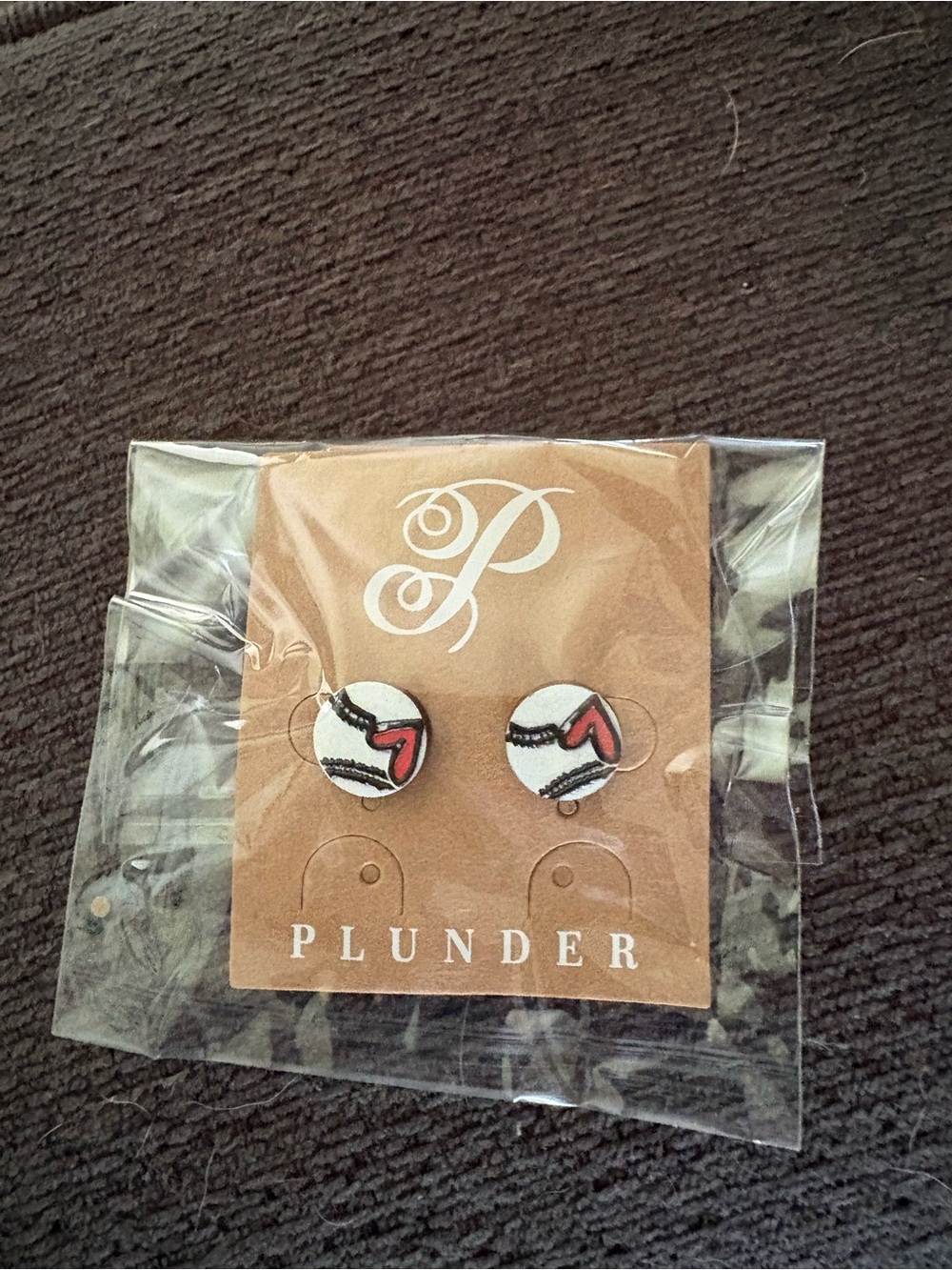 Plunder - White Round baseball ⚾️ Stud Earrings with Red Heart Detail